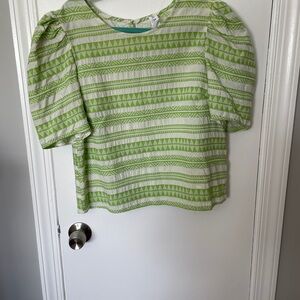 Anthropologie Green and White Geometric Blouse